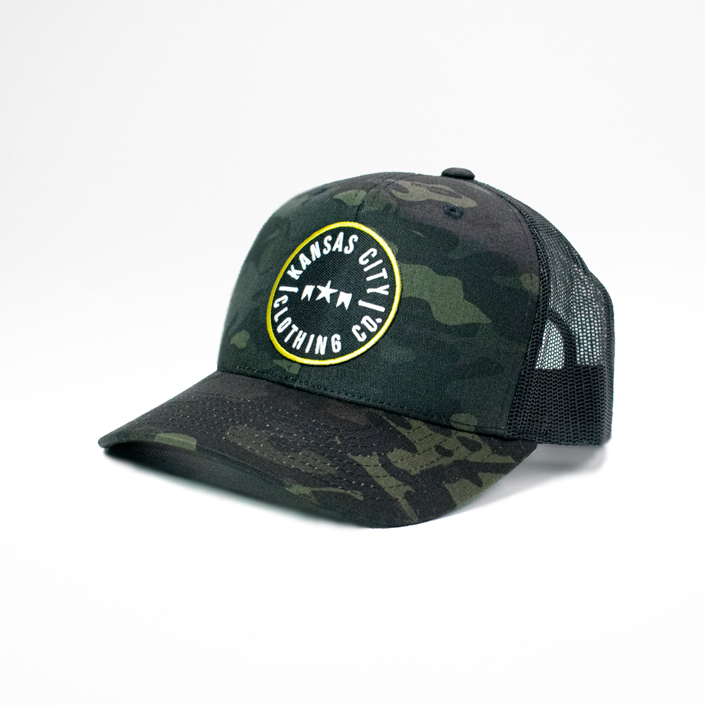 White KC Trucker Hat Black Camo